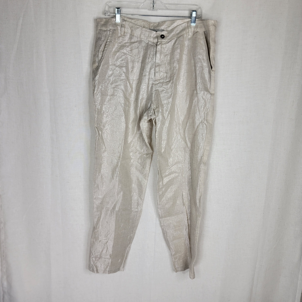Emil Rutenburg Womens Size 12 Linen Biege Metallic Straight Leg Pants